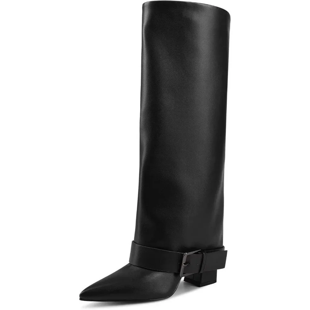 Women's Black Wide Calf Pointed Toe Belt Buckle Knee High Fall Long Boot